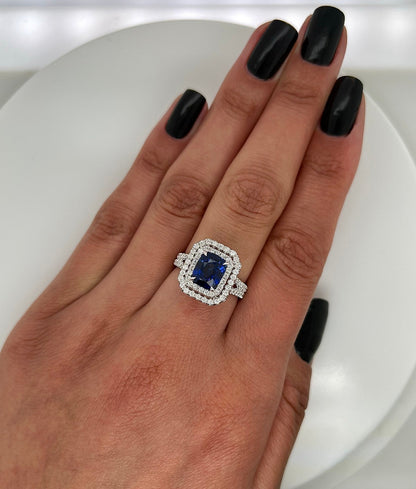 3.49 Total Carat Sapphire and Diamond Double-Halo Micro Pave-Set Ladies Ring