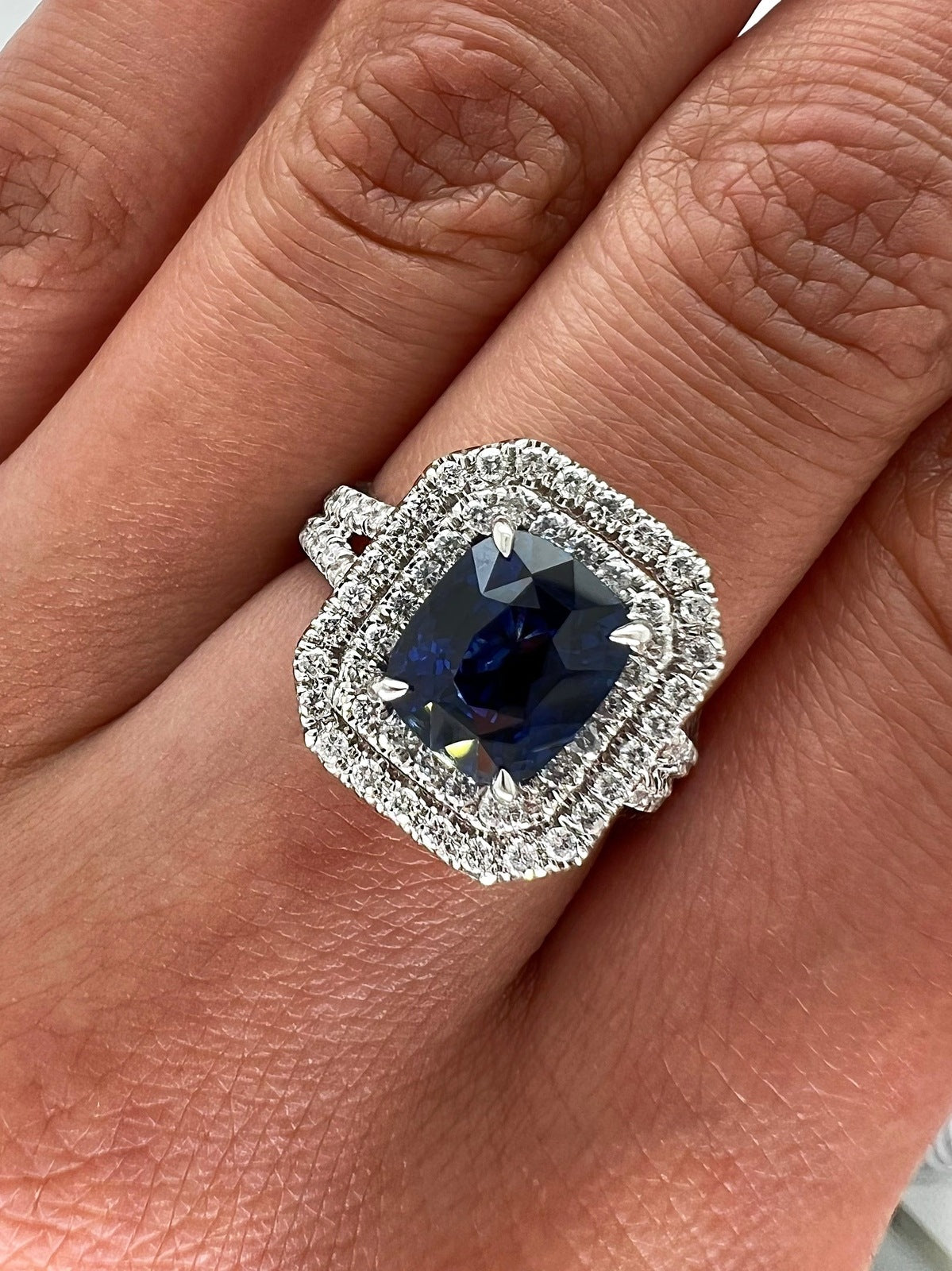 3.49 Total Carat Sapphire and Diamond Double-Halo Micro Pave-Set Ladies Ring