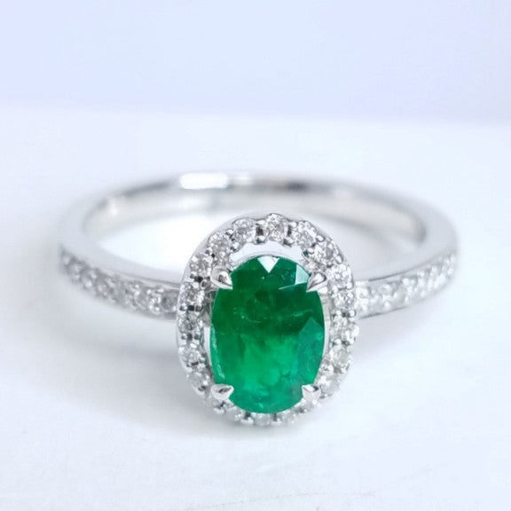 0.74 Total Carat Sweet Emerald & Diamond Halo Ring