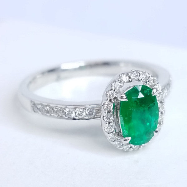 0.74 Total Carat Sweet Emerald & Diamond Halo Ring