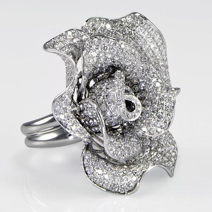 7.50 Total Carat Diamond Rose Flower Ring in 18K White Gold