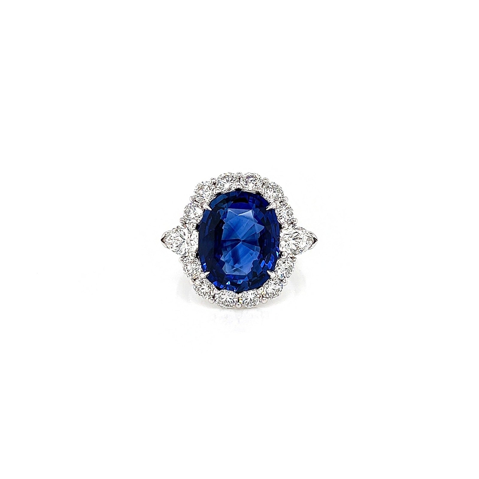 12.59 Total Carat Sapphire and Diamond Halo Vintage Style Ladies Engagement Ring. GIA Certified