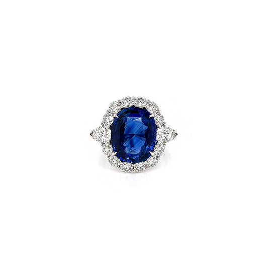 12.59 Total Carat Sapphire and Diamond Halo Vintage Style Ladies Engagement Ring. GIA Certified