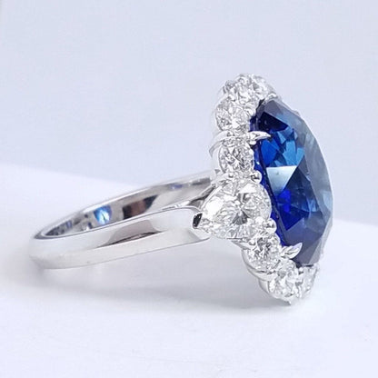 12.59 Total Carat Sapphire and Diamond Halo Vintage Style Ladies Engagement Ring. GIA Certified
