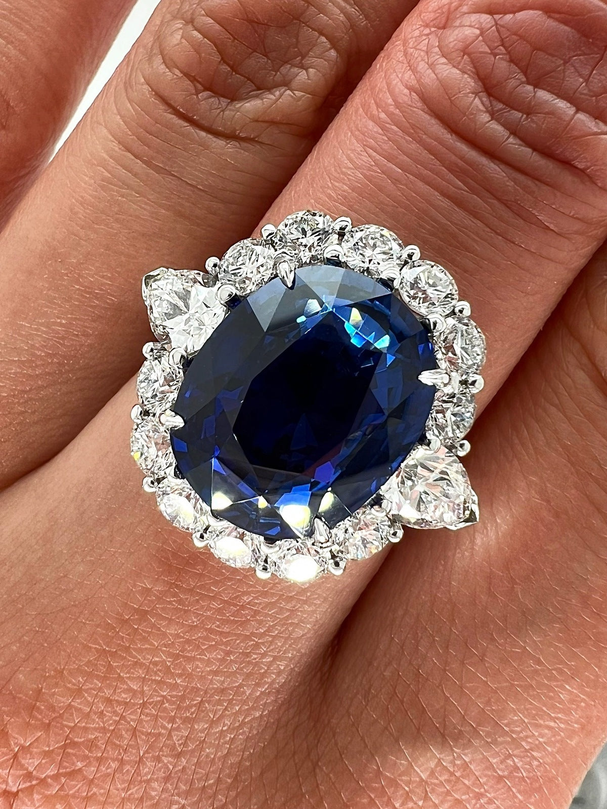 12.59 Total Carat Sapphire and Diamond Halo Vintage Style Ladies Engagement Ring. GIA Certified