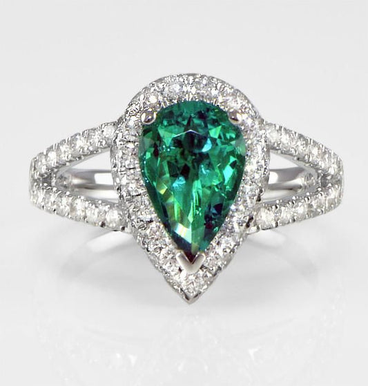 "LADRG01444" Pear Shape Green Emerald Ring With Diamondsin 18K White Gold 1.15 ct. tw.