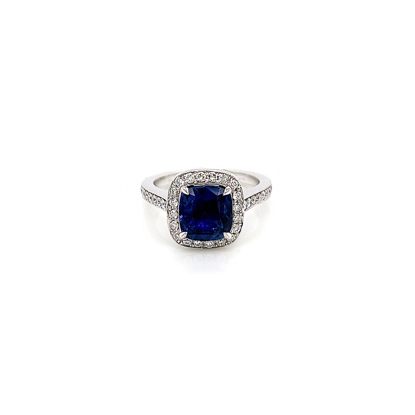 3.09 Total Carat Cushion Sapphire and Diamond Halo Pave-Set Ladies Ring GIA