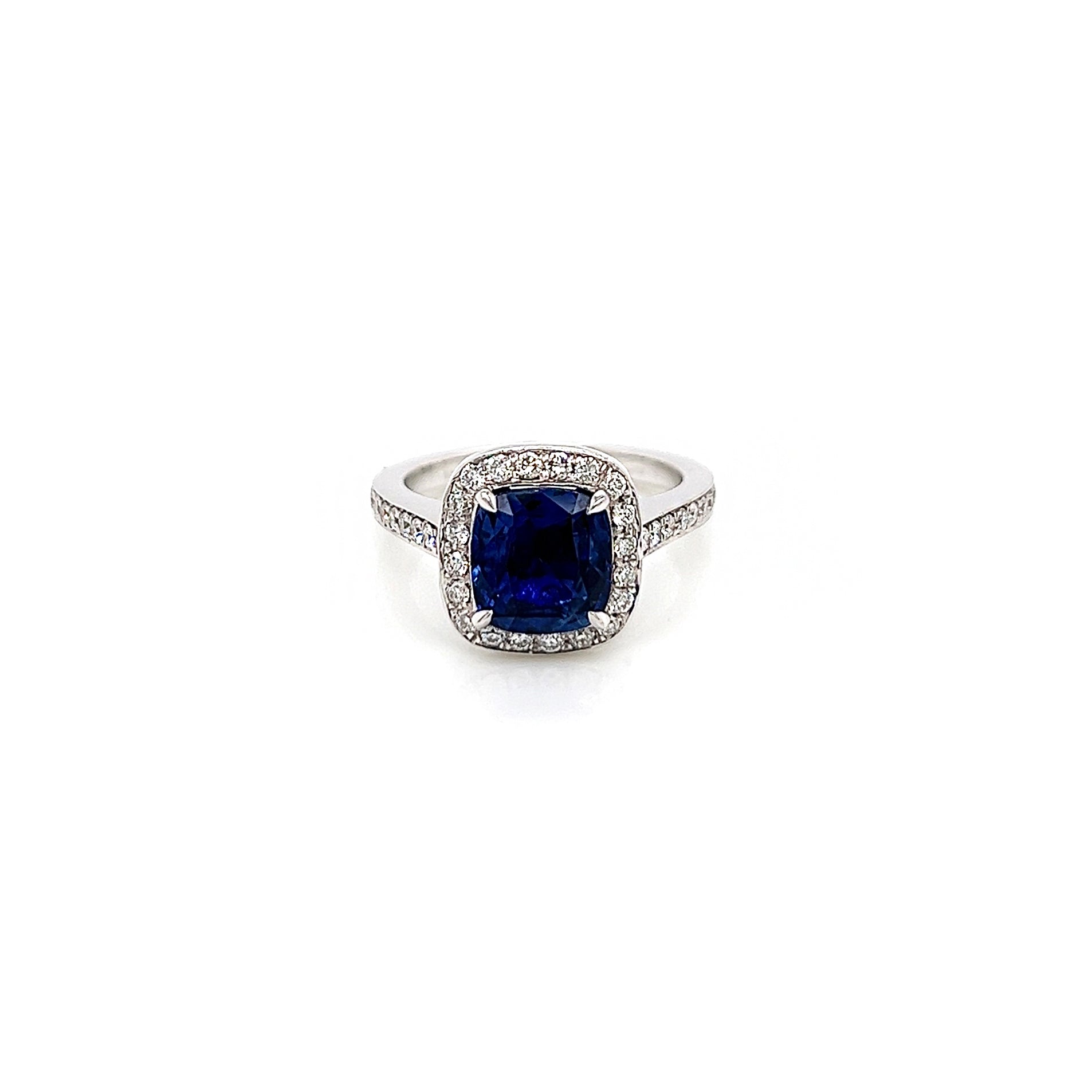 3.09 Total Carat Cushion Sapphire and Diamond Halo Pave-Set Ladies Ring GIA