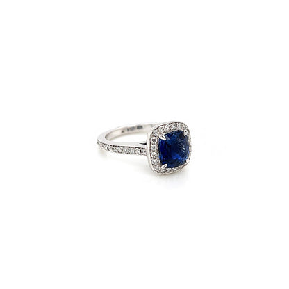 3.09 Total Carat Cushion Sapphire and Diamond Halo Pave-Set Ladies Ring GIA