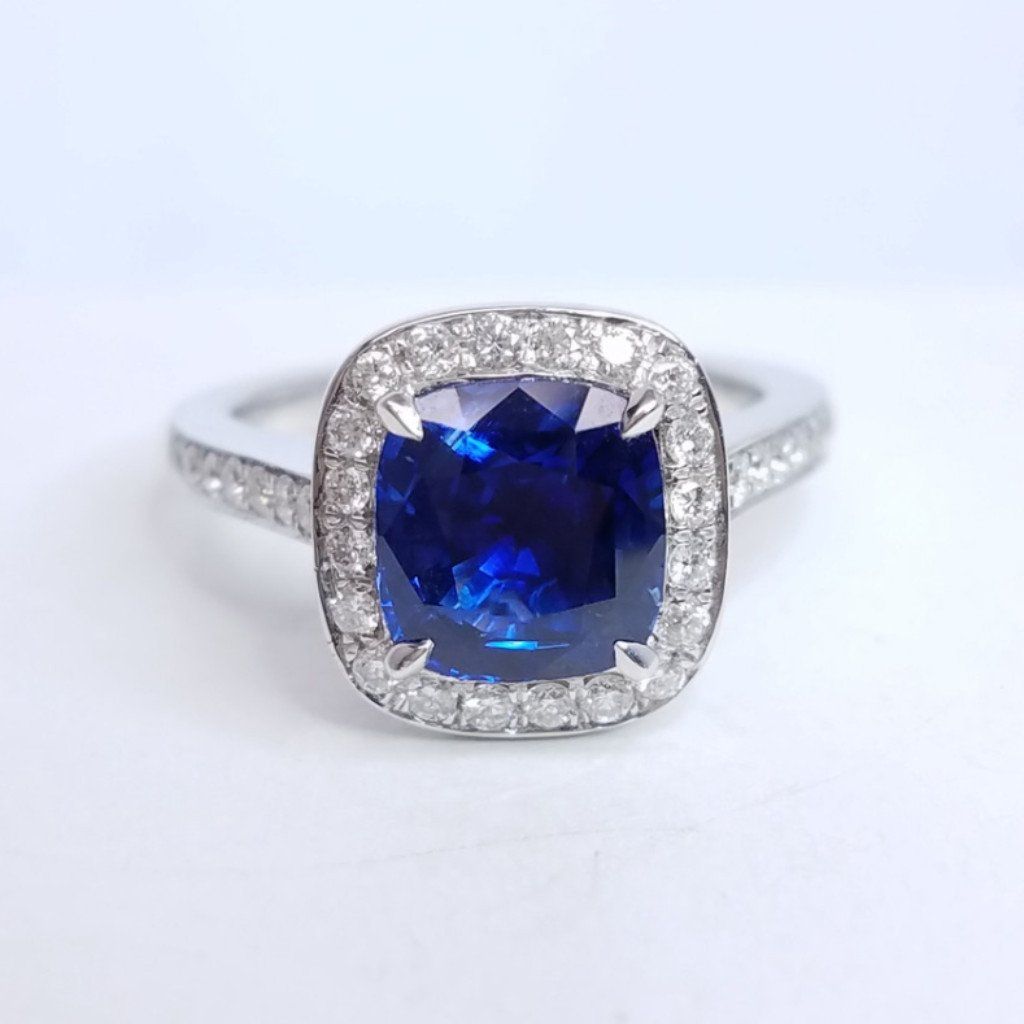 3.09 Total Carat Cushion Sapphire and Diamond Halo Pave-Set Ladies Ring GIA