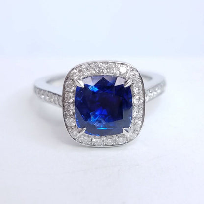 3.09 Total Carat Cushion Sapphire and Diamond Halo Pave-Set Ladies Ring GIA