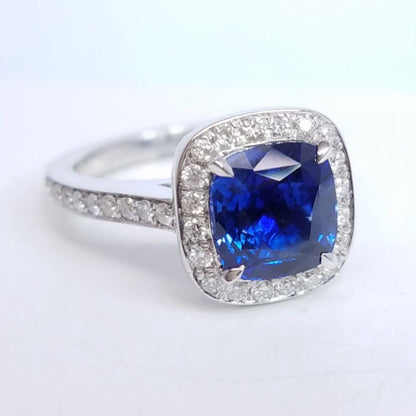 3.09 Total Carat Cushion Sapphire and Diamond Halo Pave-Set Ladies Ring GIA
