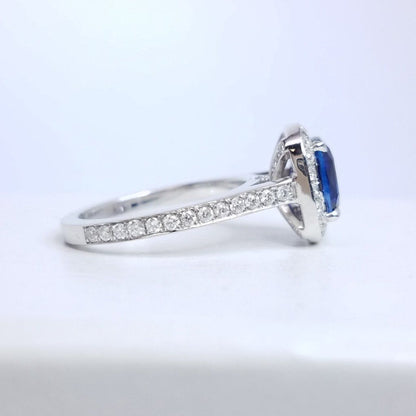3.09 Total Carat Cushion Sapphire and Diamond Halo Pave-Set Ladies Ring GIA