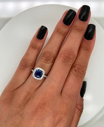 3.09 Total Carat Cushion Sapphire and Diamond Halo Pave-Set Ladies Ring GIA
