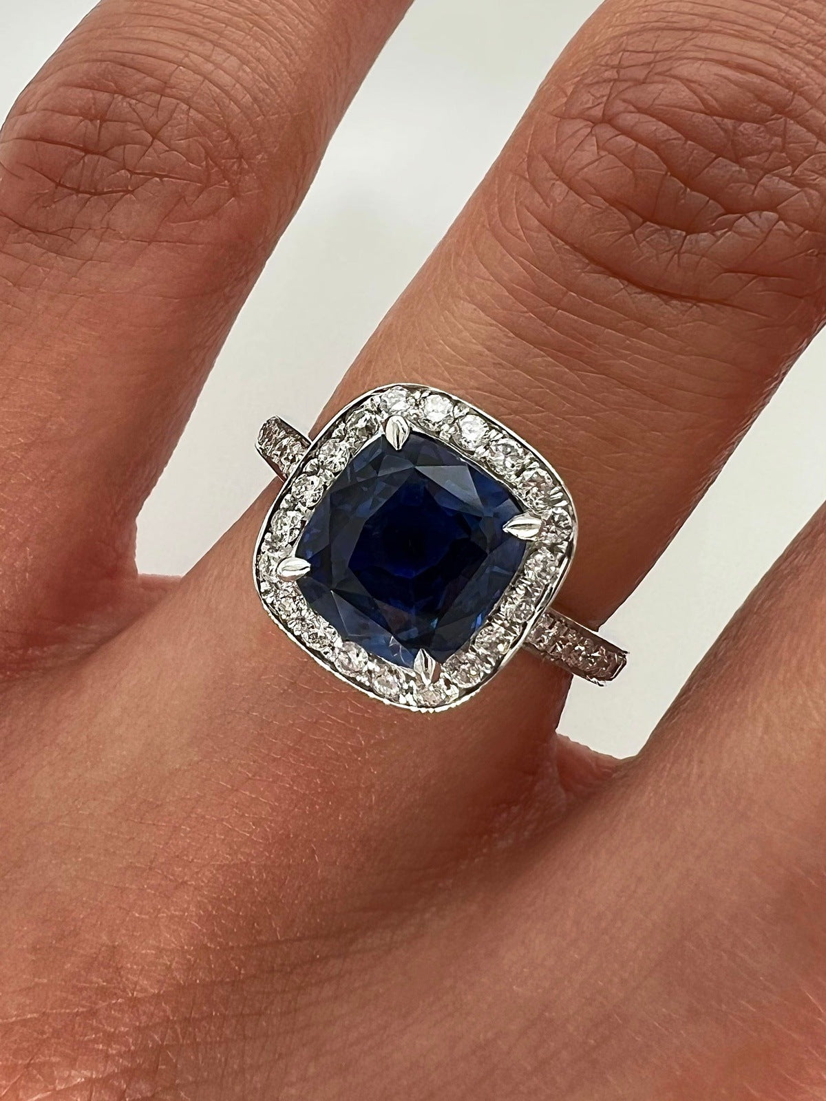 3.09 Total Carat Cushion Sapphire and Diamond Halo Pave-Set Ladies Ring GIA