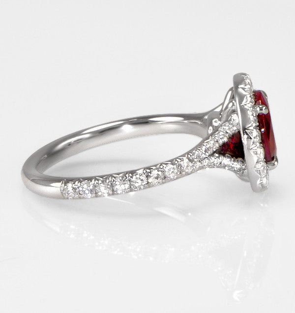 "LADRG01457" One Of A Kind Ruby Diamond Engagement Ring Halo Split Platinum Band