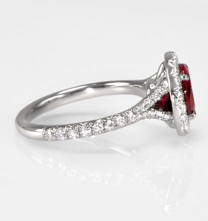 "LADRG01457" One Of A Kind Ruby Diamond Engagement Ring Halo Split Platinum Band