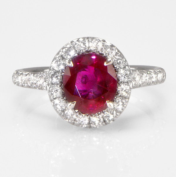 "LADRG01457" One Of A Kind Ruby Diamond Engagement Ring Halo Split Platinum Band