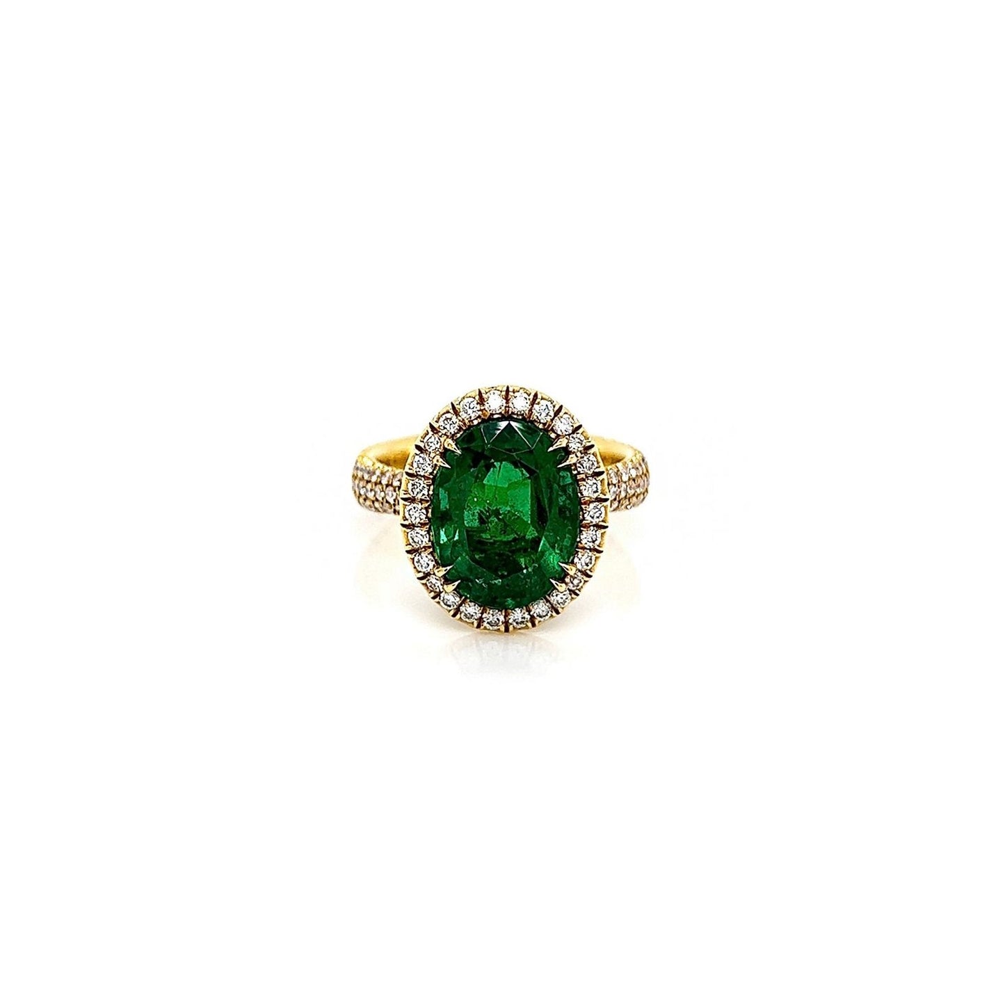 5.32 Total Carat Emerald and Diamond Halo Pave-Set Ladies Ring, GIA