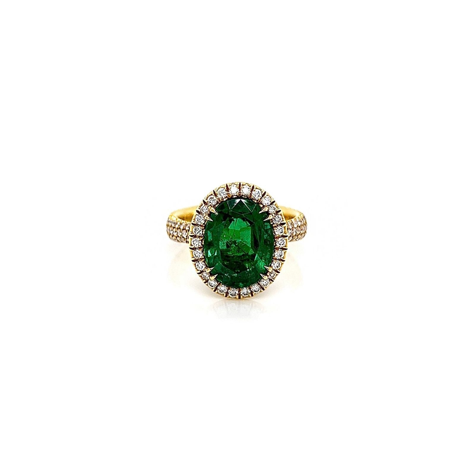 5.32 Total Carat Emerald and Diamond Halo Pave-Set Ladies Ring, GIA