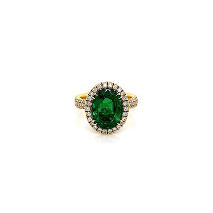 5.32 Total Carat Emerald and Diamond Halo Pave-Set Ladies Ring, GIA