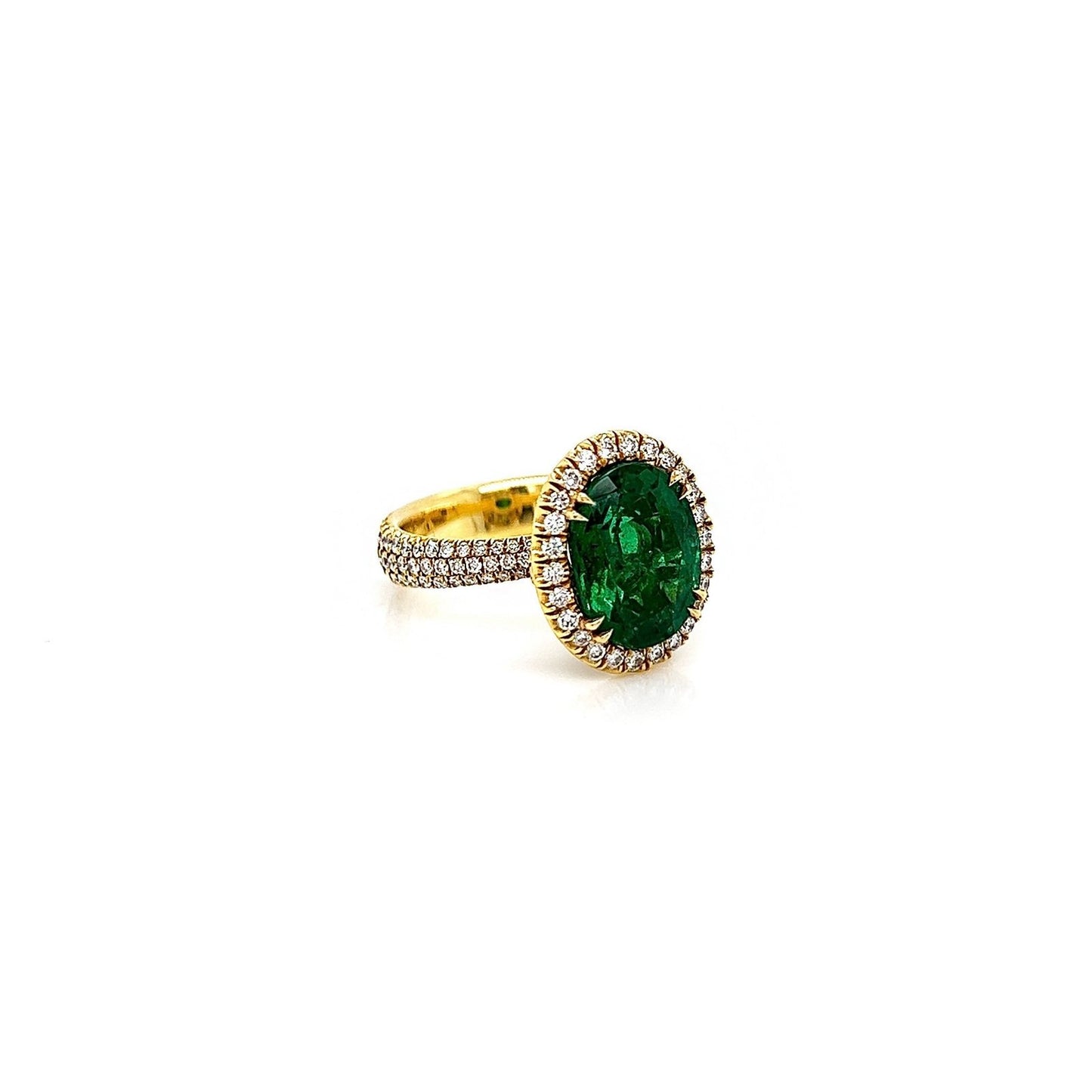 5.32 Total Carat Emerald and Diamond Halo Pave-Set Ladies Ring, GIA