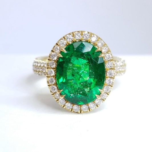 5.32 Total Carat Emerald and Diamond Halo Pave-Set Ladies Ring, GIA
