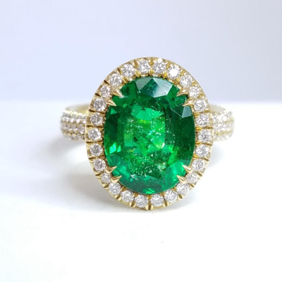 5.32 Total Carat Emerald and Diamond Halo Pave-Set Ladies Ring, GIA