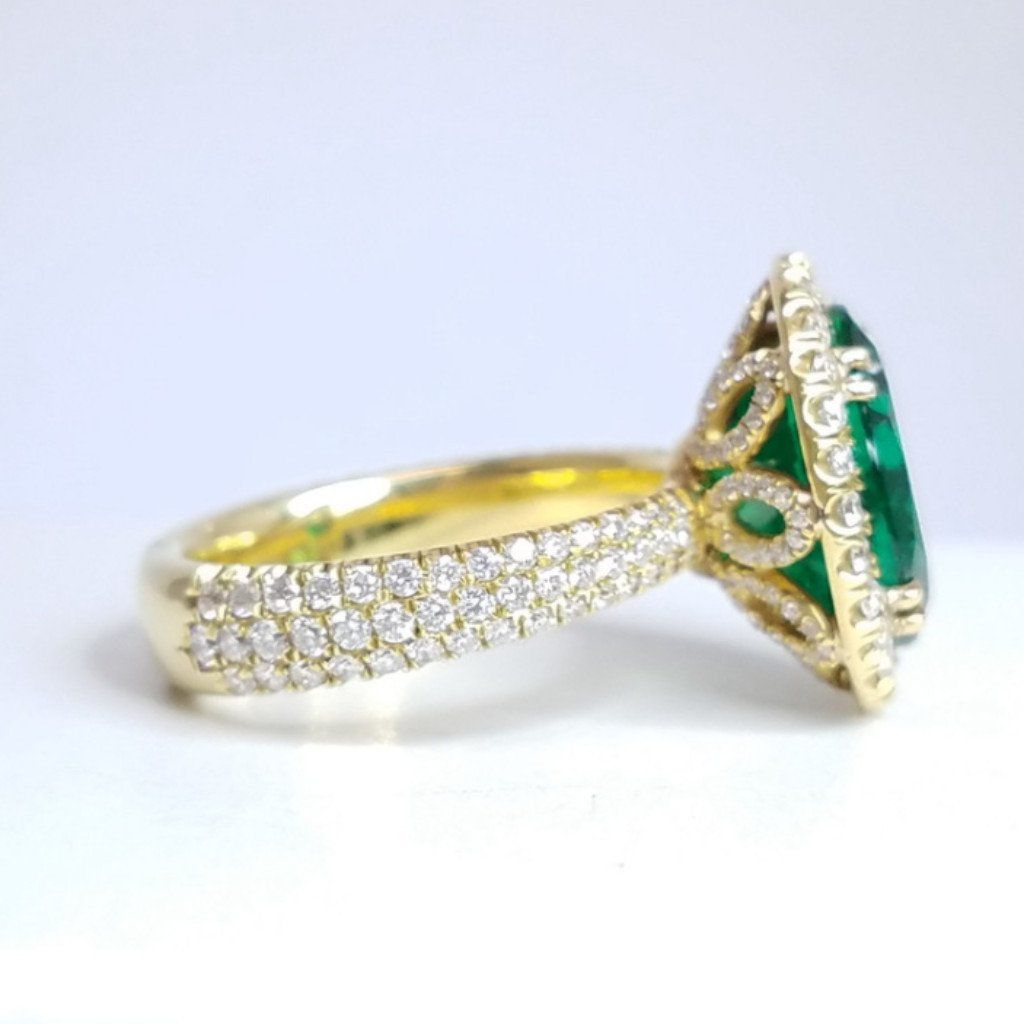 5.32 Total Carat Emerald and Diamond Halo Pave-Set Ladies Ring, GIA