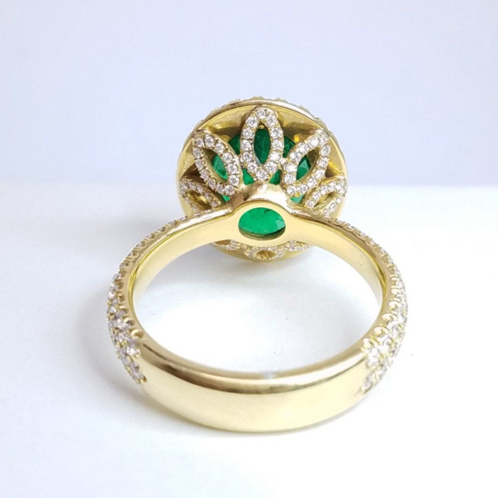 5.32 Total Carat Emerald and Diamond Halo Pave-Set Ladies Ring, GIA