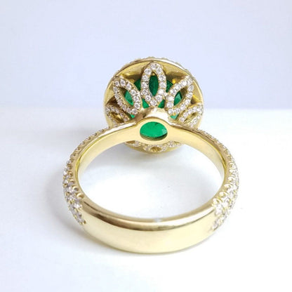 5.32 Total Carat Emerald and Diamond Halo Pave-Set Ladies Ring, GIA