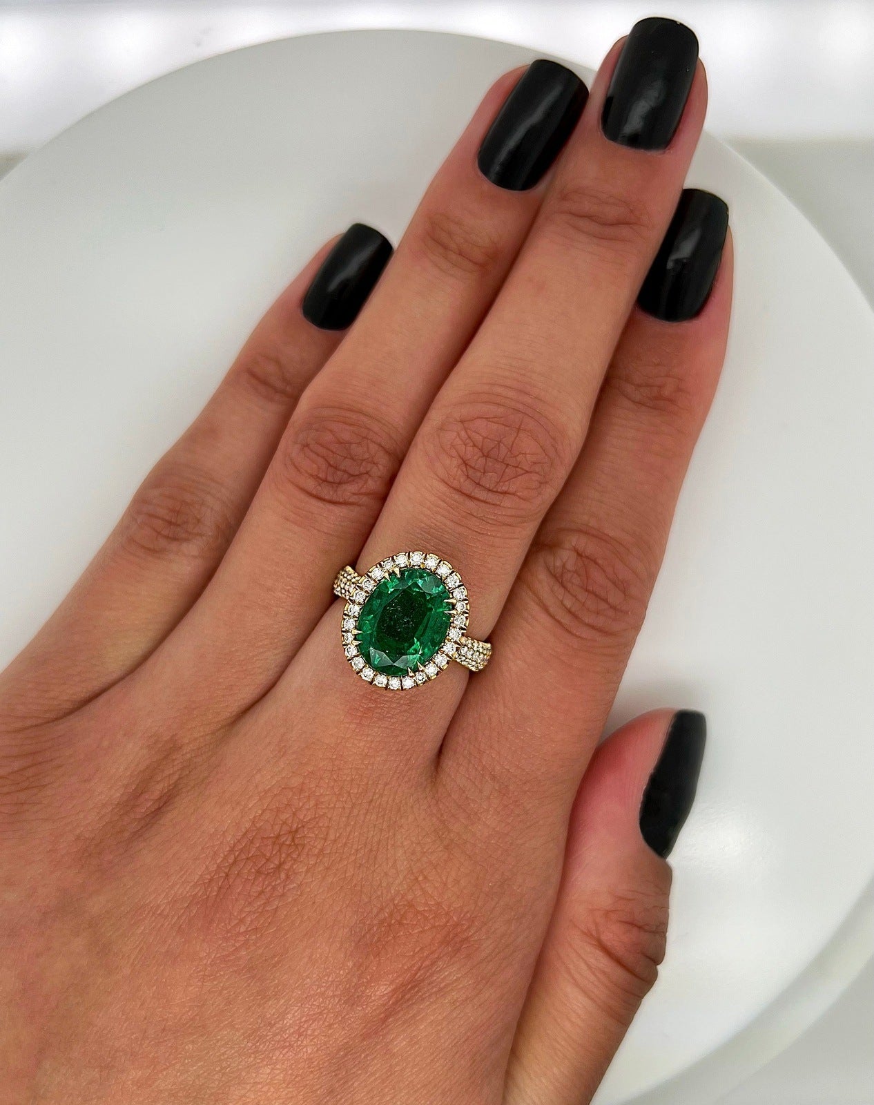 5.32 Total Carat Emerald and Diamond Halo Pave-Set Ladies Ring, GIA