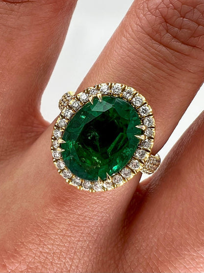 5.32 Total Carat Emerald and Diamond Halo Pave-Set Ladies Ring, GIA