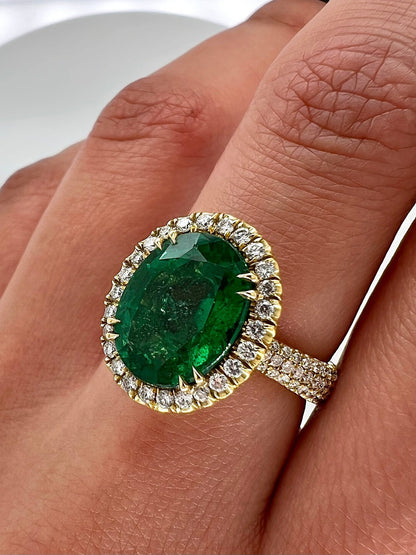 5.32 Total Carat Emerald and Diamond Halo Pave-Set Ladies Ring, GIA
