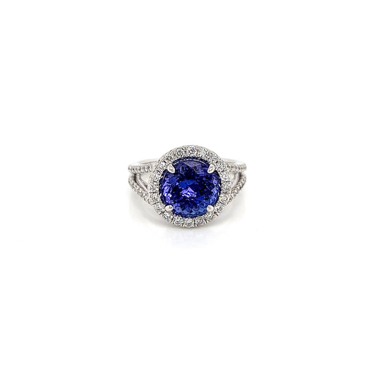 4.15 Total Carat Tanzanite and Diamond Halo Engagement Ring