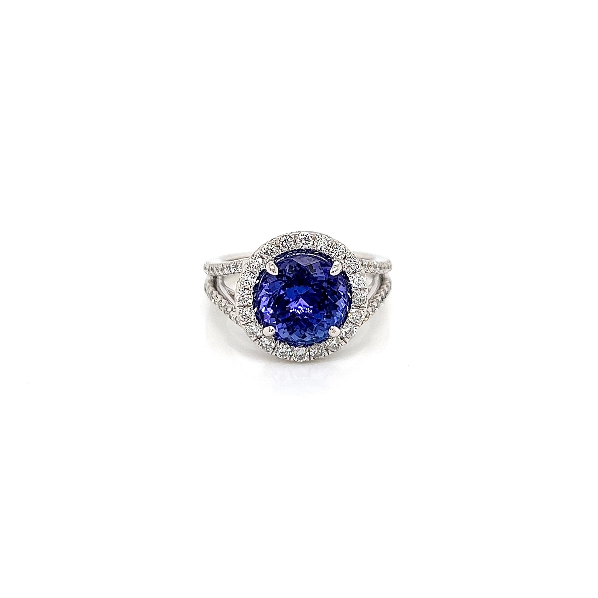 4.15 Total Carat Tanzanite and Diamond Halo Engagement Ring