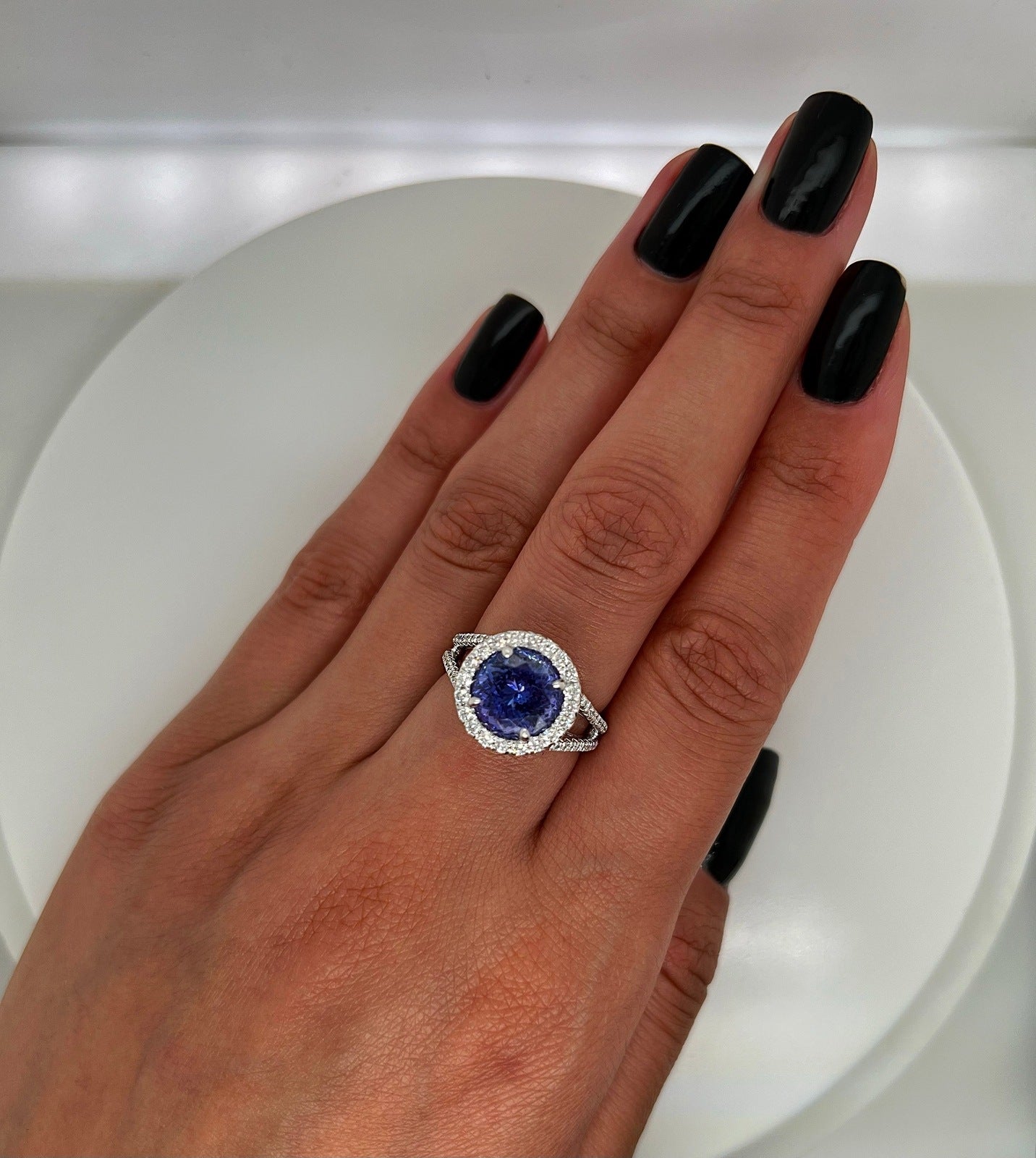 4.15 Total Carat Tanzanite and Diamond Halo Engagement Ring