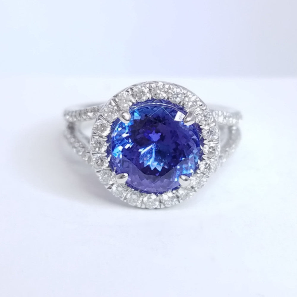 4.15 Total Carat Tanzanite and Diamond Halo Engagement Ring