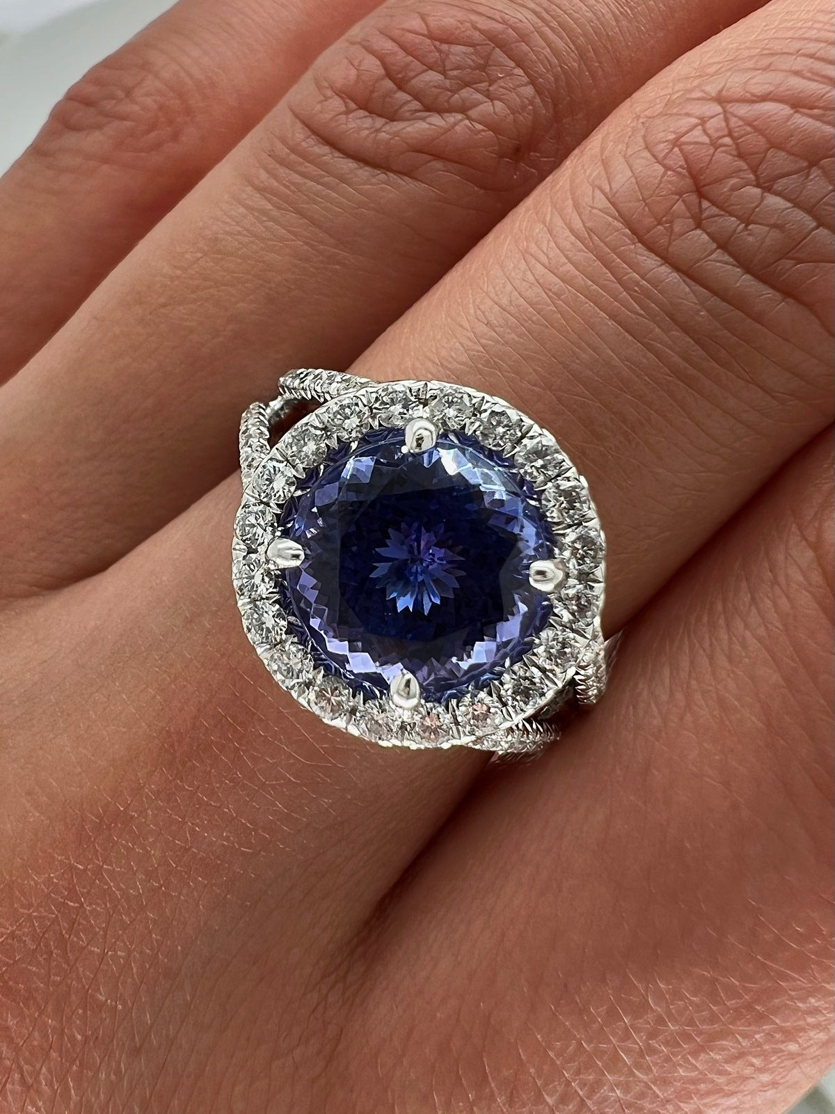 4.15 Total Carat Tanzanite and Diamond Halo Engagement Ring