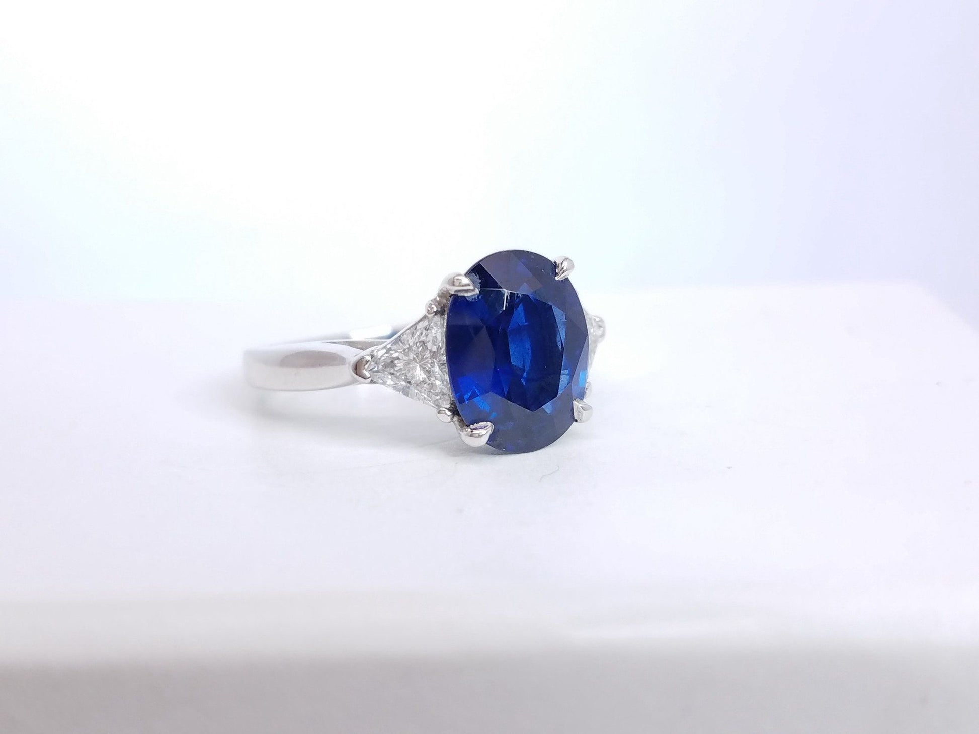 4.75 Total Carat Sapphire and Diamond Three Stone Ladies Ring GIA