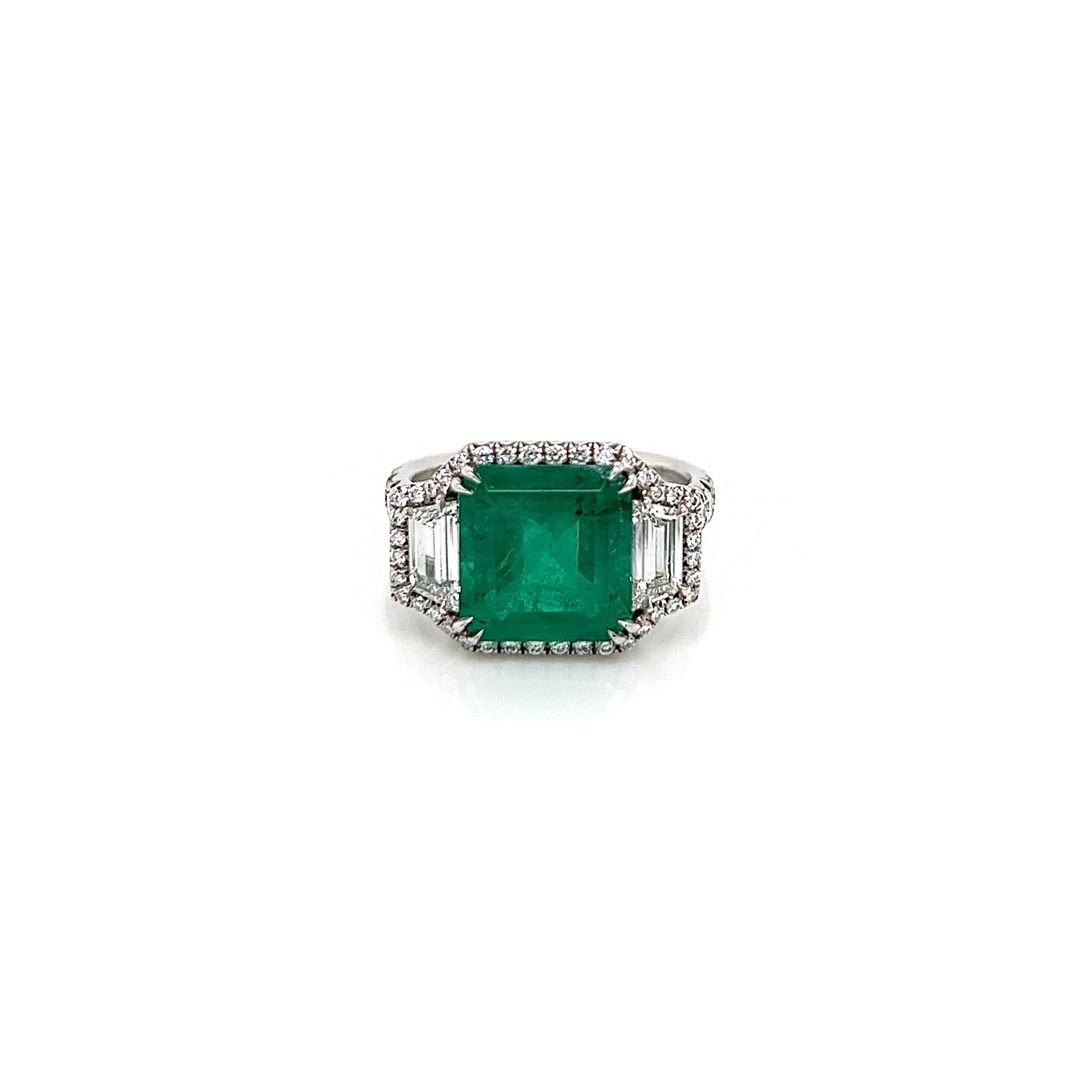 4.46 Total Carat Emerald and Diamond Halo Ladies Ring. GIA Certified.