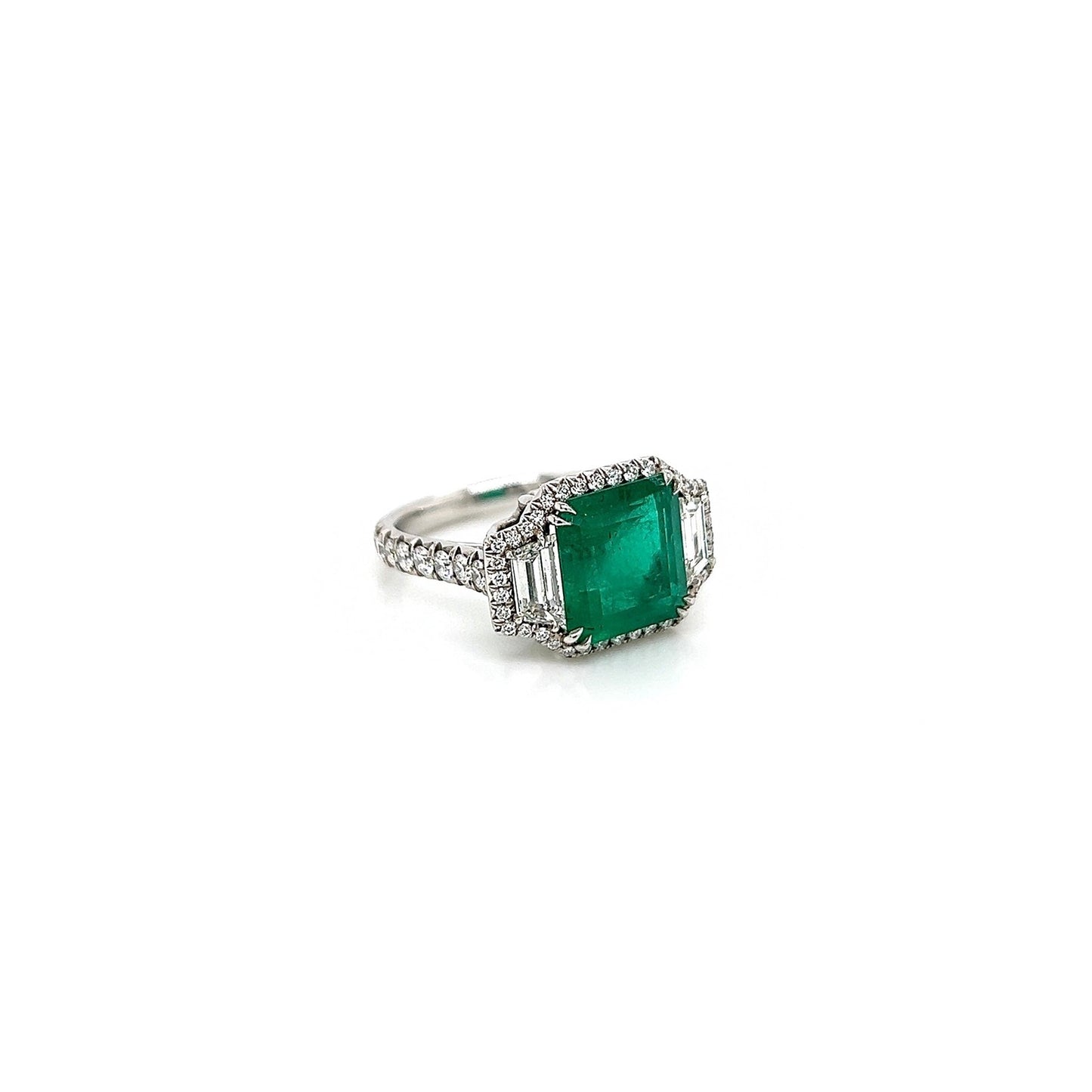 4.46 Total Carat Emerald and Diamond Halo Ladies Ring. GIA Certified.