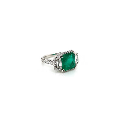 4.46 Total Carat Emerald and Diamond Halo Ladies Ring. GIA Certified.