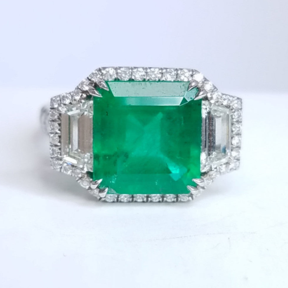 4.46 Total Carat Emerald and Diamond Halo Ladies Ring. GIA Certified.