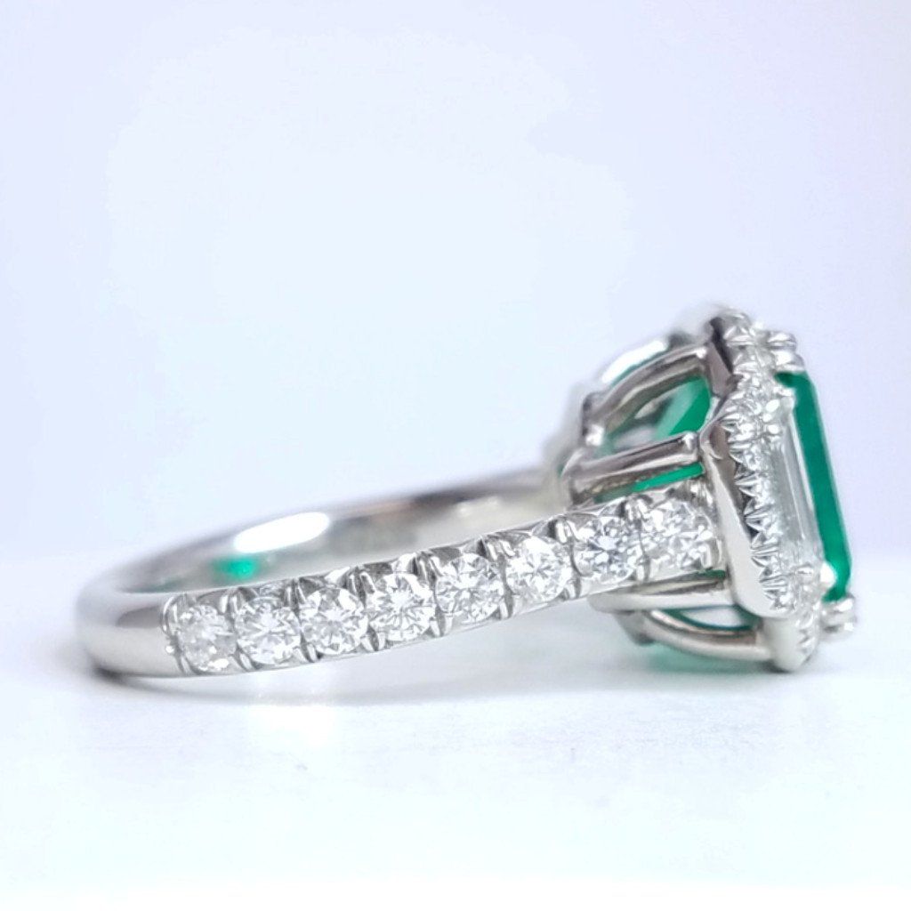 4.46 Total Carat Emerald and Diamond Halo Ladies Ring. GIA Certified.
