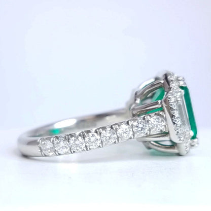 4.46 Total Carat Emerald and Diamond Halo Ladies Ring. GIA Certified.