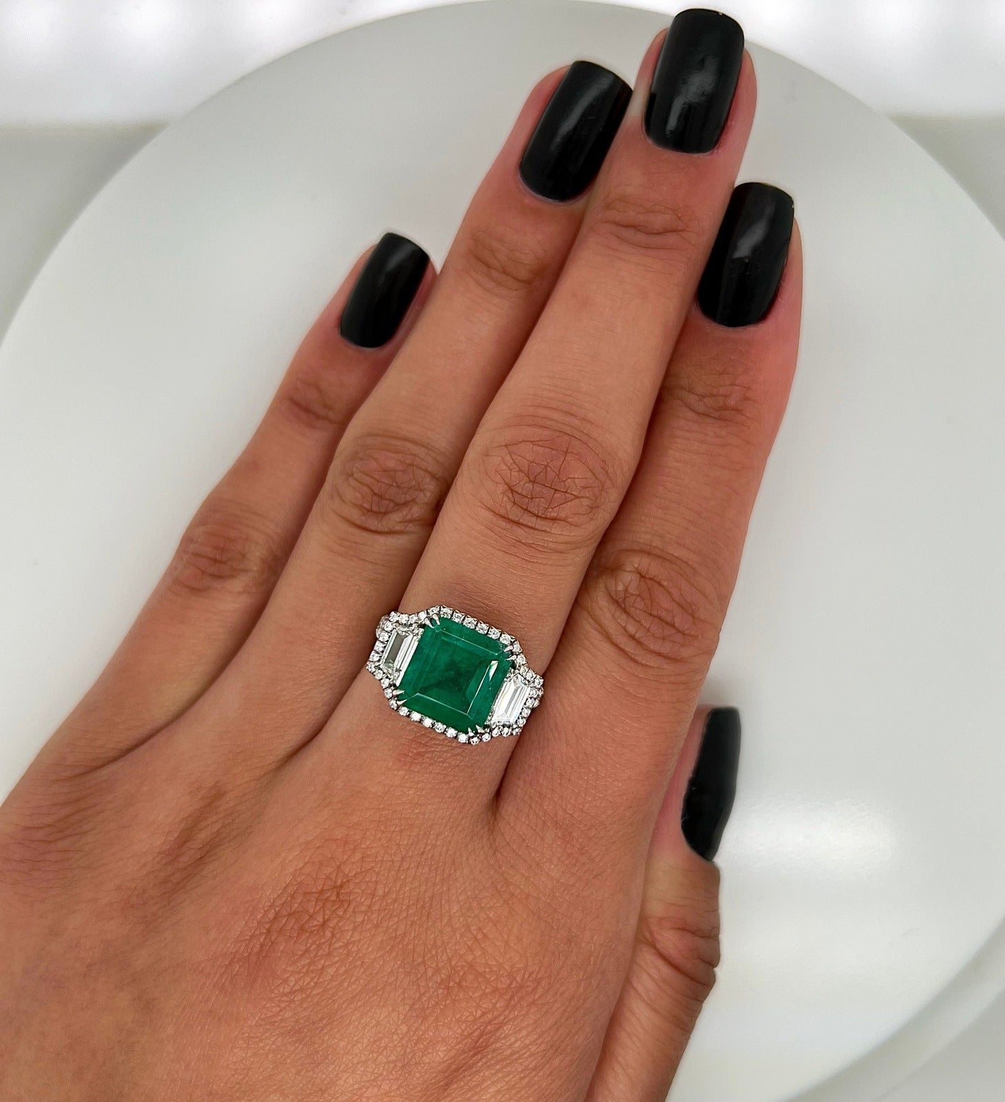 4.46 Total Carat Emerald and Diamond Halo Ladies Ring. GIA Certified.