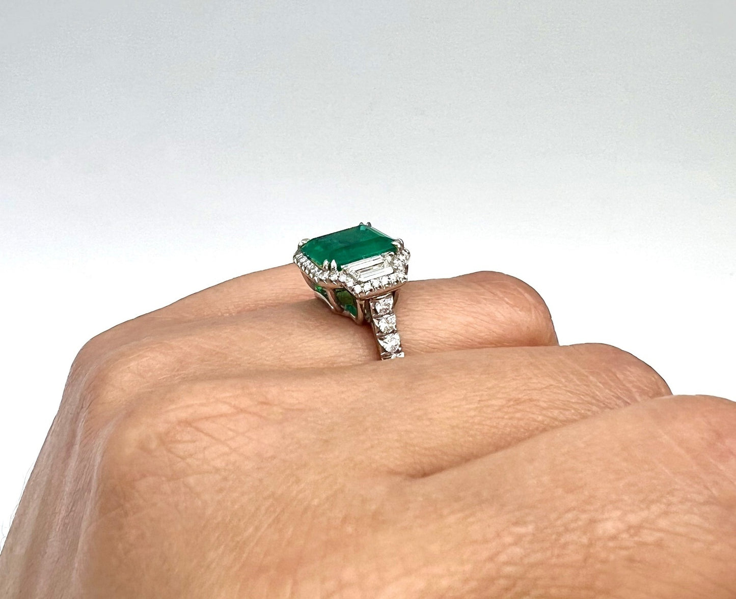 4.46 Total Carat Emerald and Diamond Halo Ladies Ring. GIA Certified.