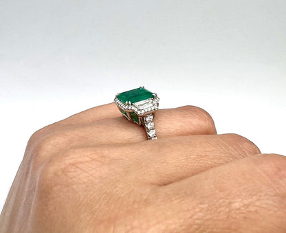 4.46 Total Carat Emerald and Diamond Halo Ladies Ring. GIA Certified.
