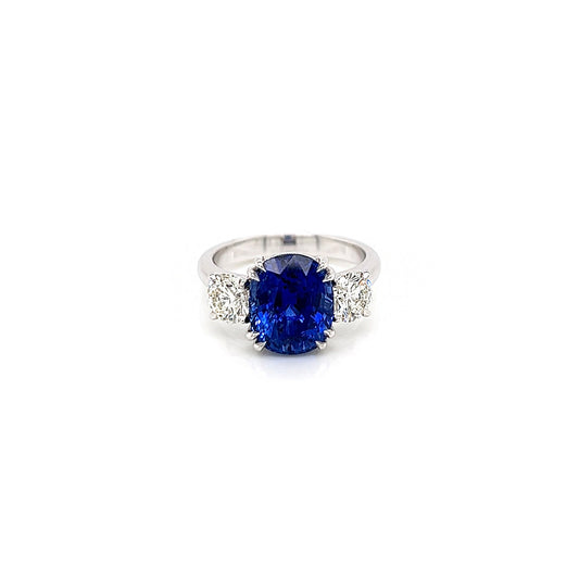 6.14 Total Carat Sapphire and Diamond Three Stone Ladies Ring, GIA Certified